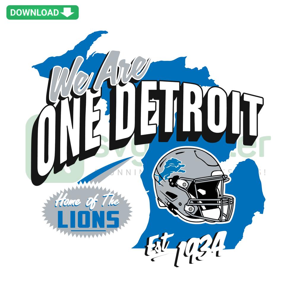 Detroit Lions Helmet SVG design, We Are One text, Premium SVG Graphics, blue and silver digital download, ideal for sports fans.