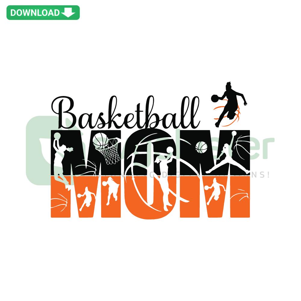 Basketball Mom SVG design featuring text and basketball graphics, ideal for Cricut & Silhouette projects, digital download.