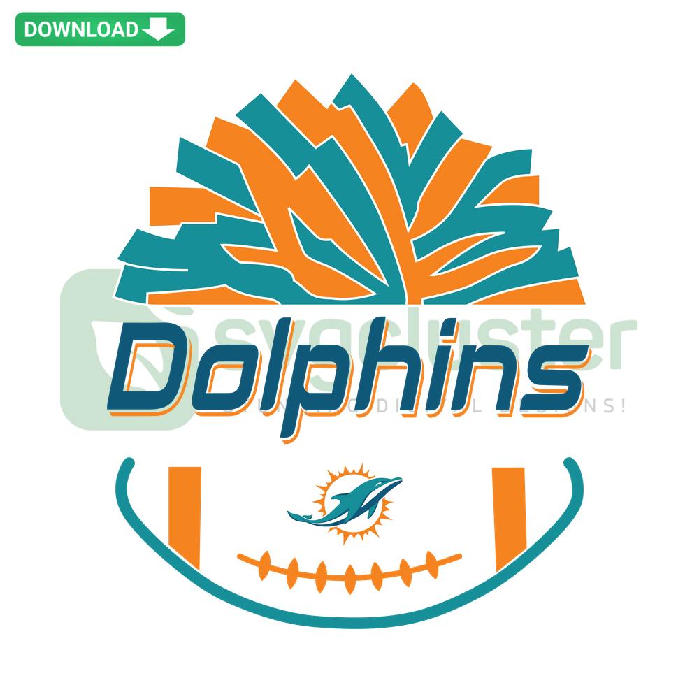 Miami Dolphins Pom Poms Football SVG Vector Graphics, Downloadable; teal, orange pom poms, team logo for DIY projects.