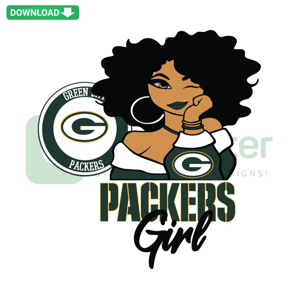 Green Bay Packers Girl SVG design for Cricut, digital download for designers, featuring female fan graphic in team colors.