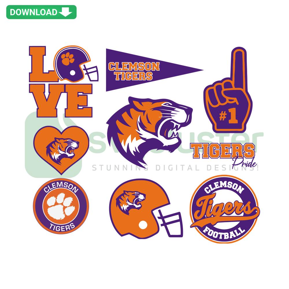 Clemson Tigers NCAA Team Logo Bundle SVG, high-quality vector files featuring Clemson logo design, perfect for sports fans.