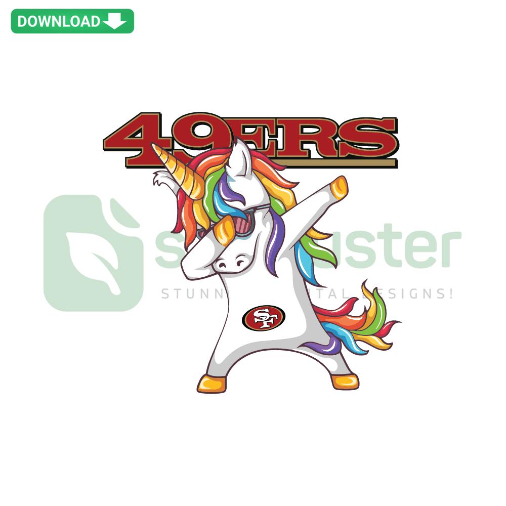 Dabbing Unicorn wearing San Francisco 49ers gear SVG, whimsical design for instant download, perfect for fans and DIY projects.