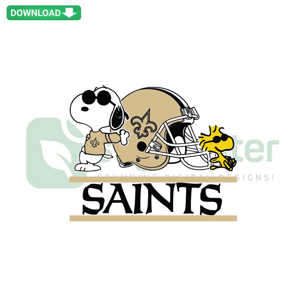 New Orleans Saints Snoopy Woodstock SVG design for Cricut Silhouette, featuring iconic Peanuts characters in Saints gear.