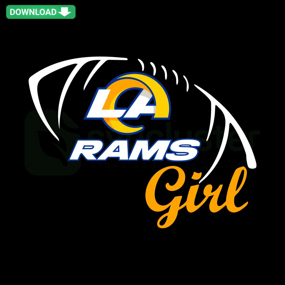 LA Rams Girl Football SVG: Stylish cartoon girl wearing LA Rams jersey, holding football; perfect for crafts, shirts, decor.