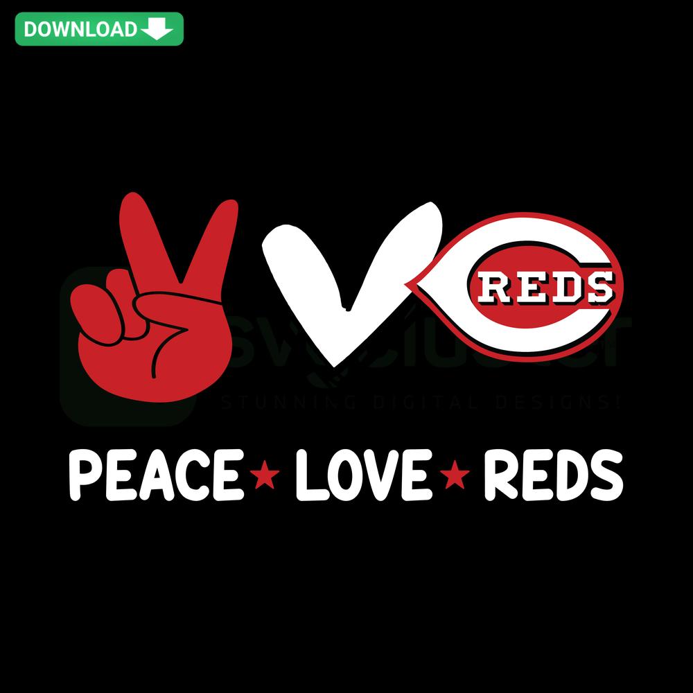 Colorful Peace Love Reds SVG design featuring peace sign, heart, and Cincinnati Reds logo, ideal for Cricut crafting.