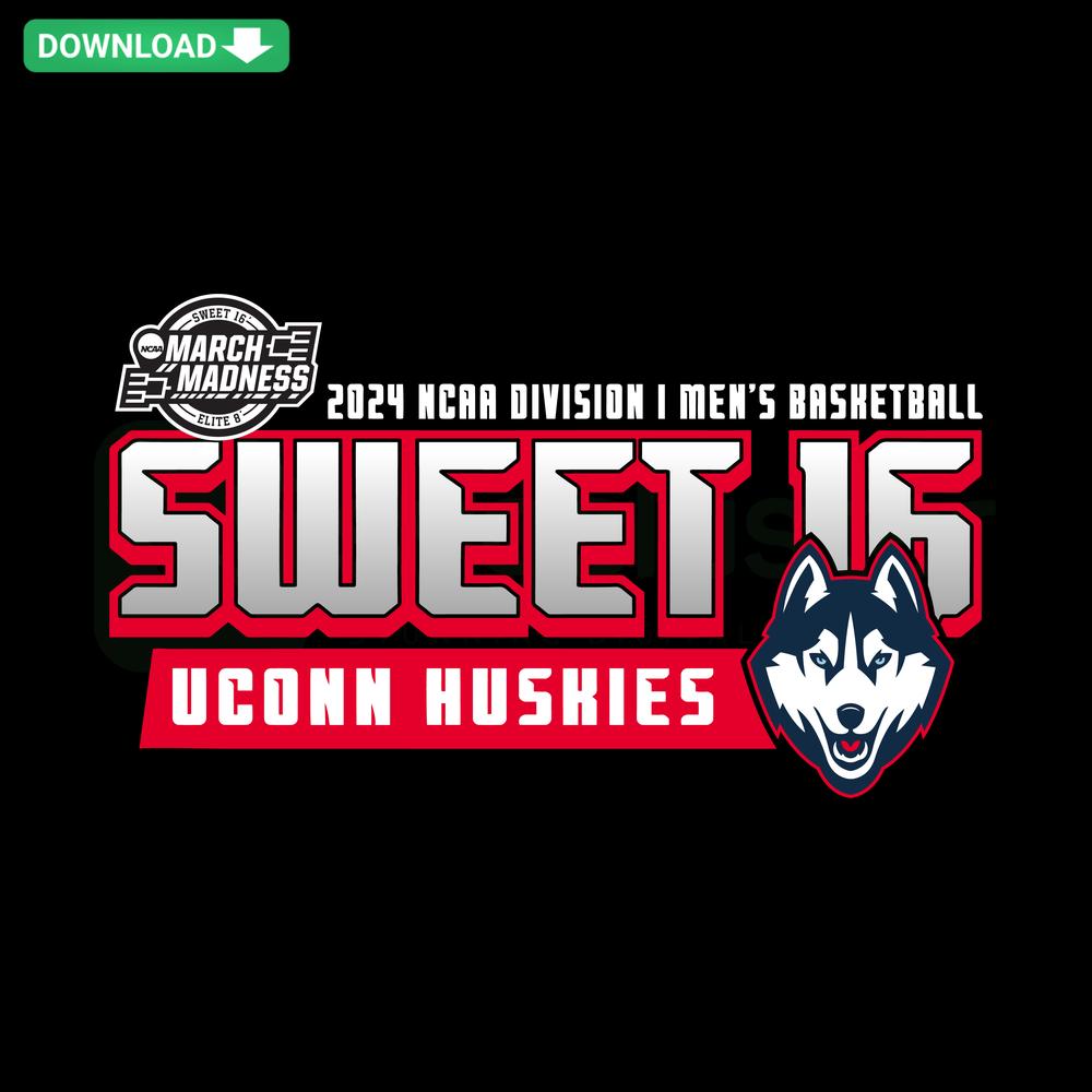 UConn Huskies 2024 Sweet Sixteen Basketball SVG, printable craft design featuring team logo, vibrant colors for DIY projects.