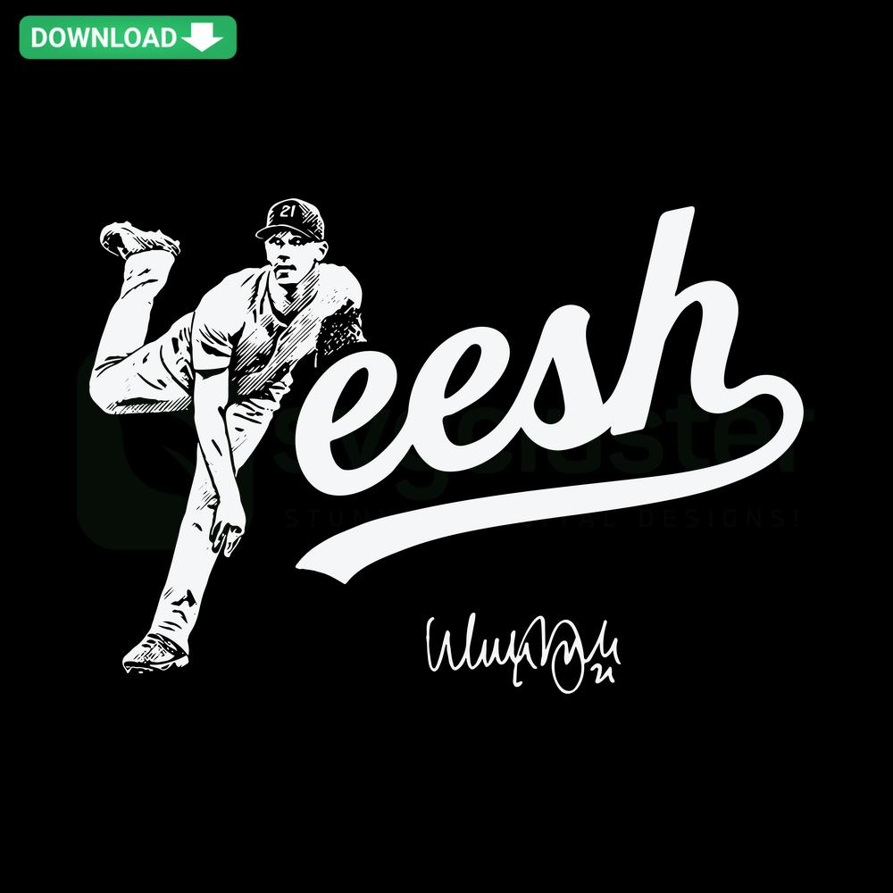 Yeesh Walker Buehler Dodgers SVG, featuring Los Angeles baseball player in dynamic pose, perfect for DIY crafts and designs.