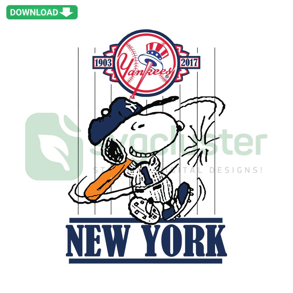 Snoopy playing baseball in New York Yankees gear SVG, printable digital download, perfect for fans and crafting projects.