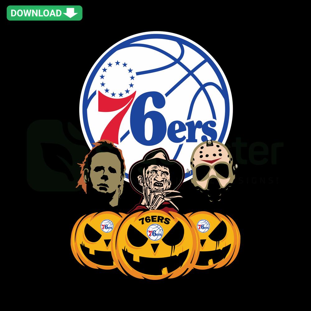 Philadelphia 76ers Halloween Horror Movie Pumpkin SVG; spooky design with 76ers logo, perfect for festive sports-themed crafts.