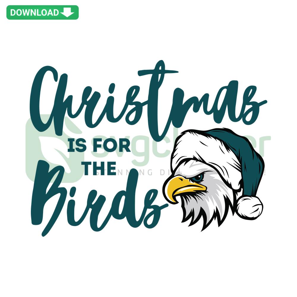 Christmas Eagles SVG, Cricut Design, Digital Download: Festive bald eagles with santa hats, snowflakes, and Christmas Is For The Birds text.
