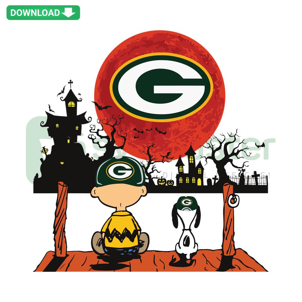 Charlie Brown, Snoopy enjoying Green Bay Packers game SVG design for home decor, ideal for football fans.