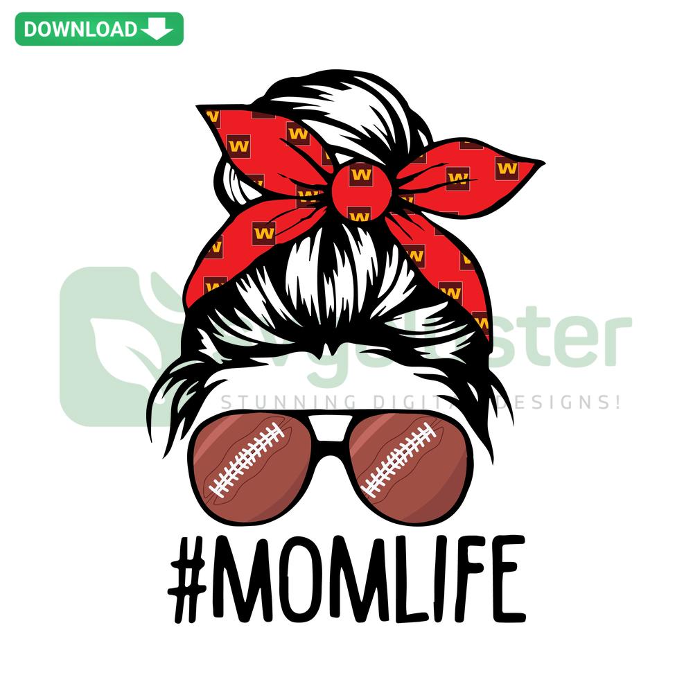 Washington Football Mom Life SVG: Stylish text design with football elements, perfect for sports-themed crafts. SVGCluster digital asset.
