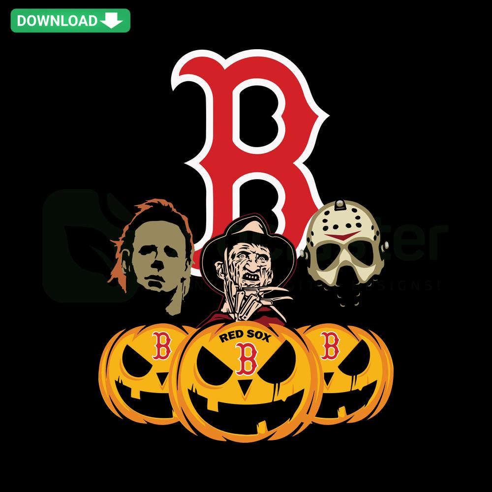 Boston Red Sox Halloween pumpkin design with horror movie elements, Cricut-ready SVG files for crafting enthusiasts.