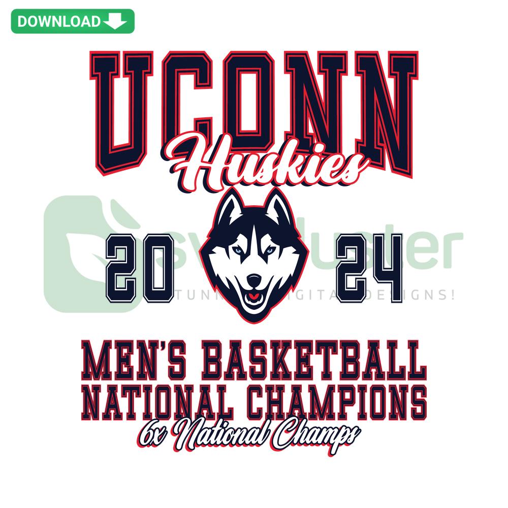 UConn Huskies 2024 Men's Basketball Champions SVG design for T-shirts featuring bold team logo and celebratory text.