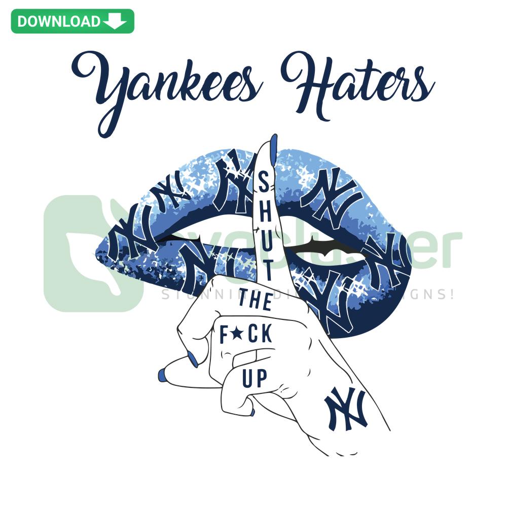 Yankees Haters Shut Up SVG design, bold red text on a white background, digital download for designers, instant file access.