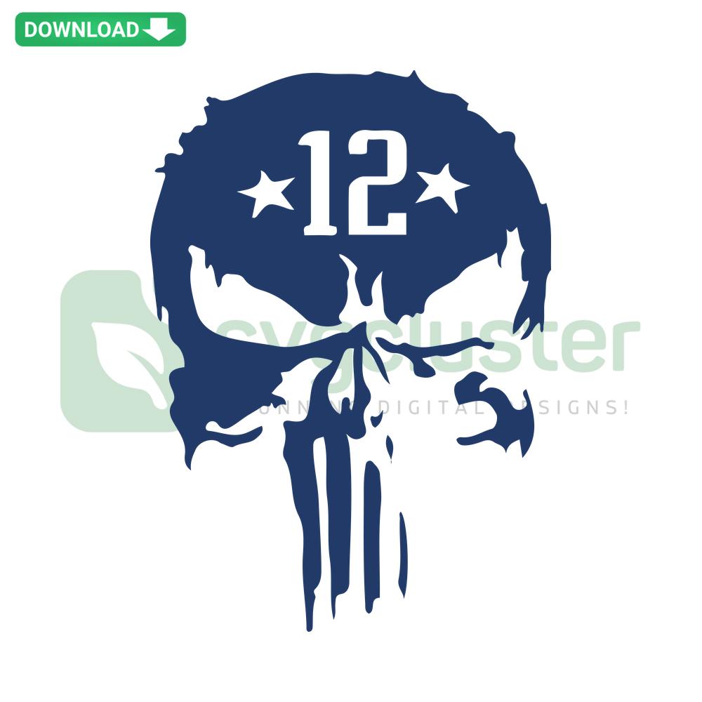 Tom Brady Skull 12 New England Patriots SVG, bold skull design features Brady's iconic number 12, perfect for sports enthusiasts.