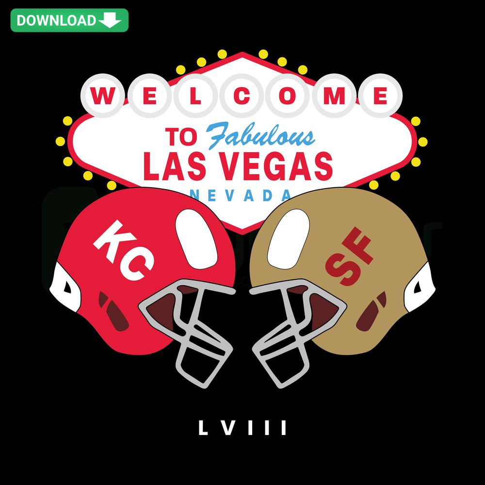 Las Vegas Chiefs vs 49ers Football Helmet SVG Design, Download Icon featuring vibrant team colors and iconic Vegas welcome sign.