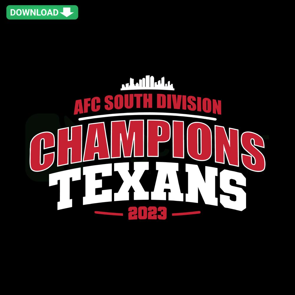 AFC South Division Champions Texans 2023 SVG design, bold typography in blue and red, perfect for sports-themed home decor.