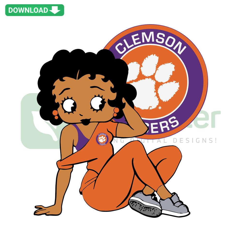 Betty Boop in Clemson Tigers attire, NCAA SVG digital download, perfect SVG templates for Cricut enthusiasts and fans.