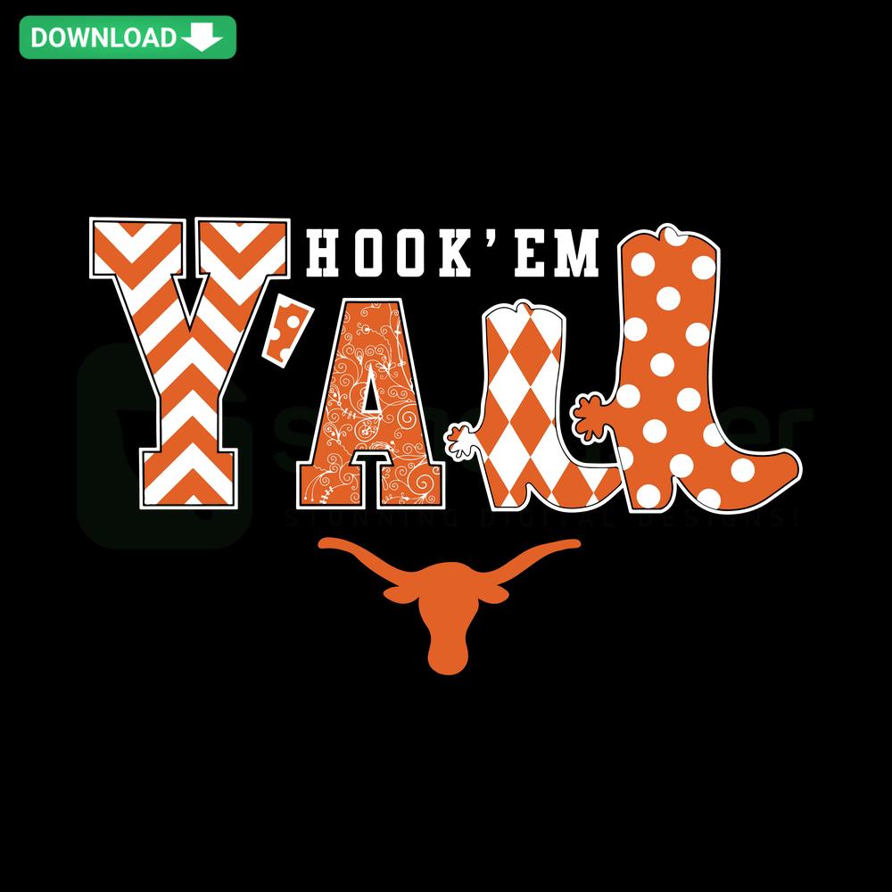 Texas Longhorns SVG design with Hook em Y'all text; high-quality, digital file perfect for DIY crafts and apparel.