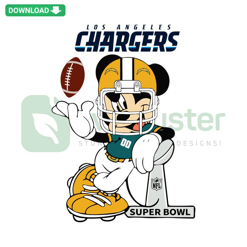 Mickey Mouse Los Angeles Chargers SVG file; cartoon character in Chargers jersey; digital download, printable SVG design.