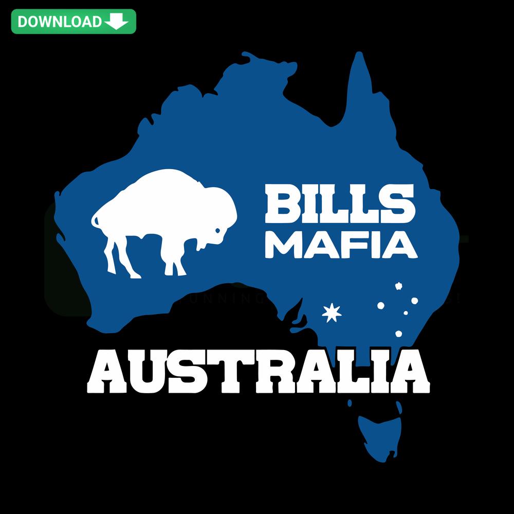 Buffalo Bills Australia-themed SVG design featuring team logo, map outline, and intricate crafting elements. Ideal for Bills Mafia fans.