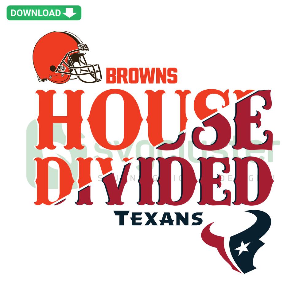 House Divided Browns and Texans SVG, football helmets split design; digital download, SVG file collection, sports fans.