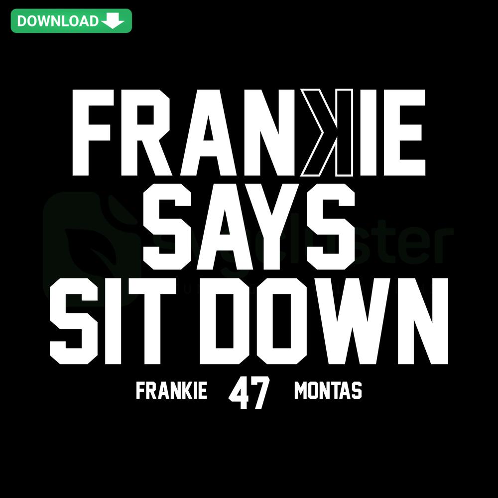 Frankie Says Sit Down Reds Baseball MLB SVG, downloadable vector graphic featuring bold text on a baseball-themed background.