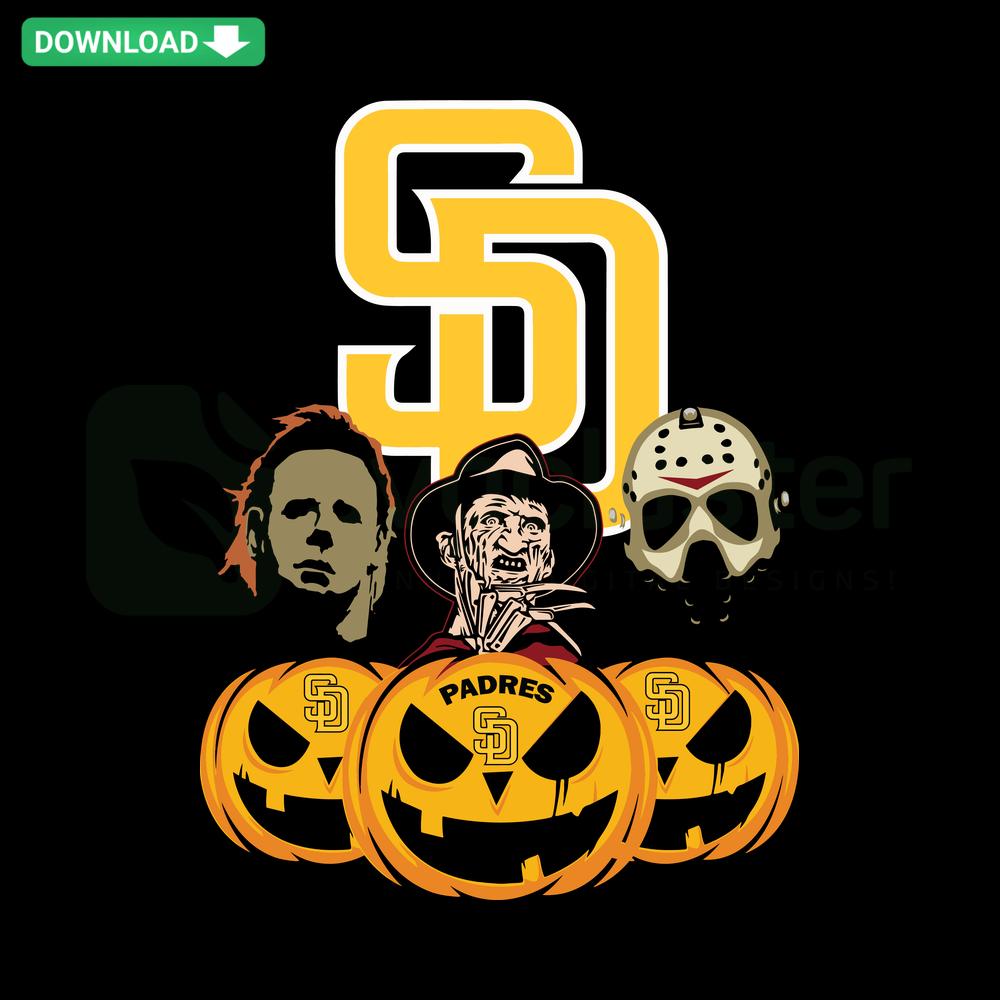 San Diego Padres Halloween Horror Movie Pumpkin SVG, themed cut files featuring team logo, spooky design elements, ideal for crafts.