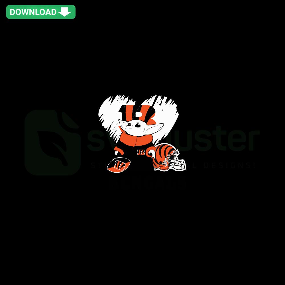 Baby Yoda wearing Cincinnati Bengals attire, holding heart; Custom SVG file design for Bengals fans.