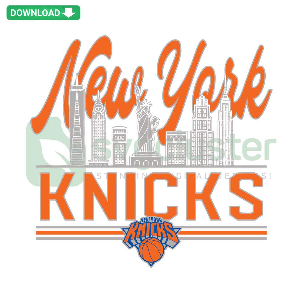 New York Knicks Skyline Basketball SVG, featuring NYC skyline and basketball design for Cricut, Silhouette crafts.