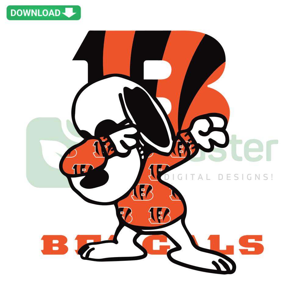 Bengals Snoopy SVG Design: Cartoon Snoopy in Bengals gear, perfect for Cricut, vector art download, vibrant colors.