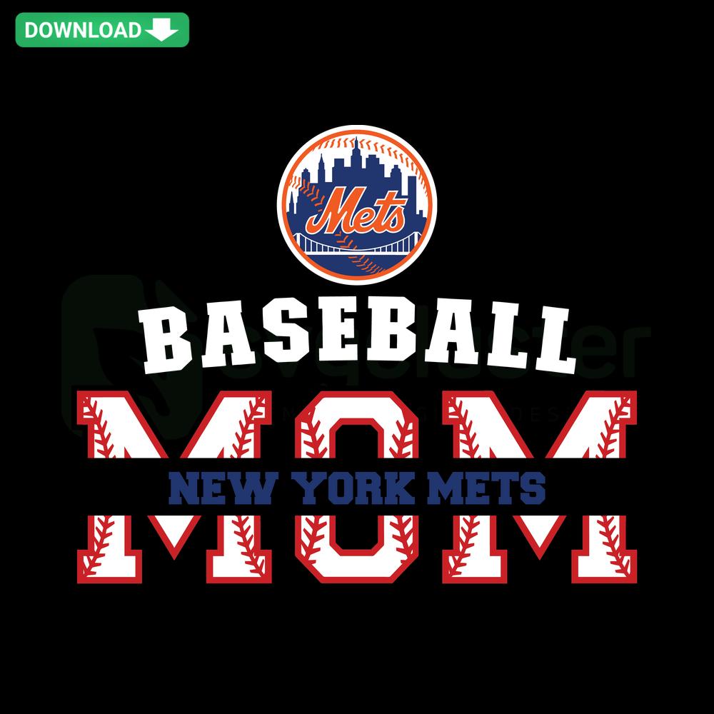 New York Mets Baseball Mom SVG design featuring team logo, sporty text, and heart elements. Perfect for digital crafts.