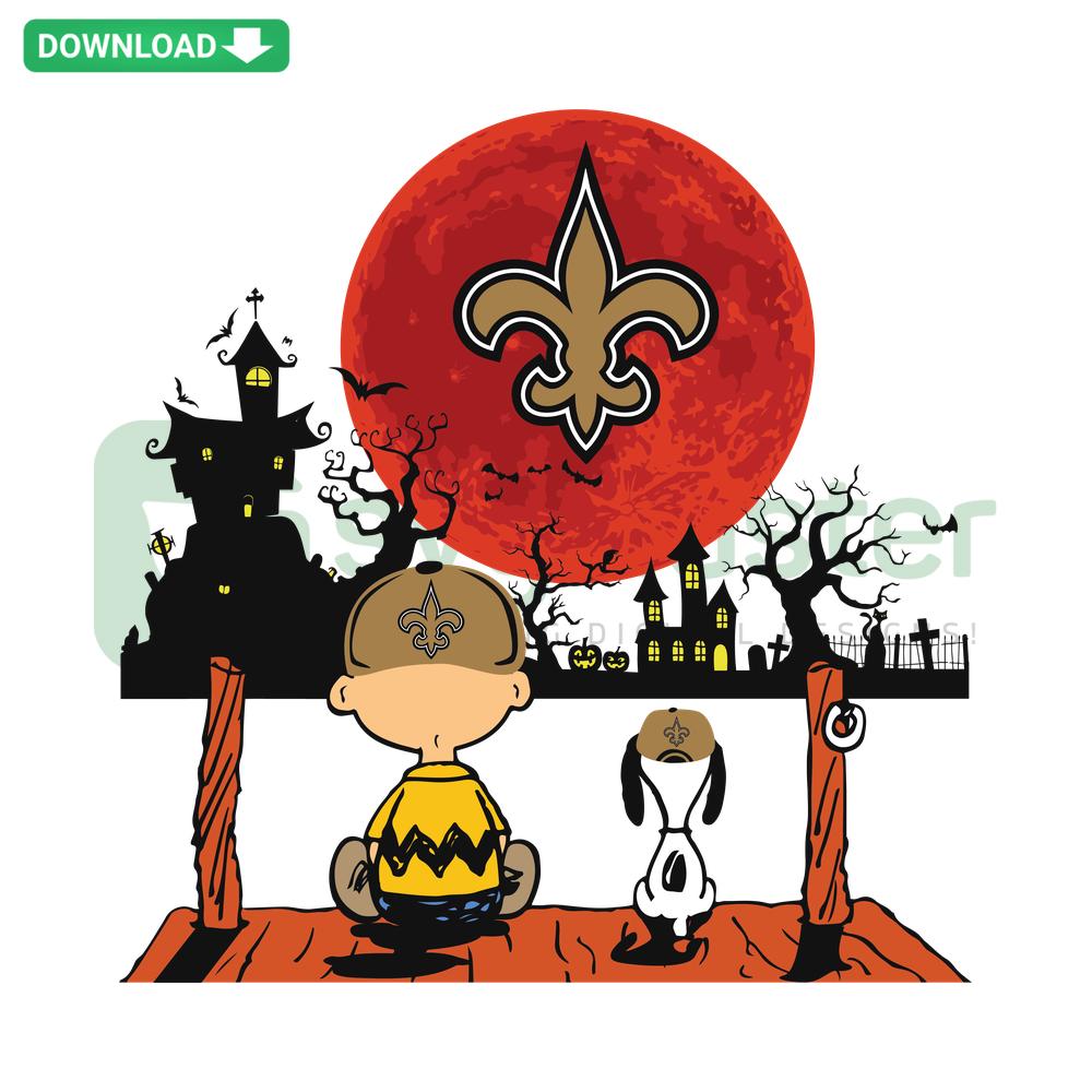 Charlie Brown and Snoopy cheering for New Orleans Saints SVG, featuring iconic cartoon duo, perfect for Cricut designs.