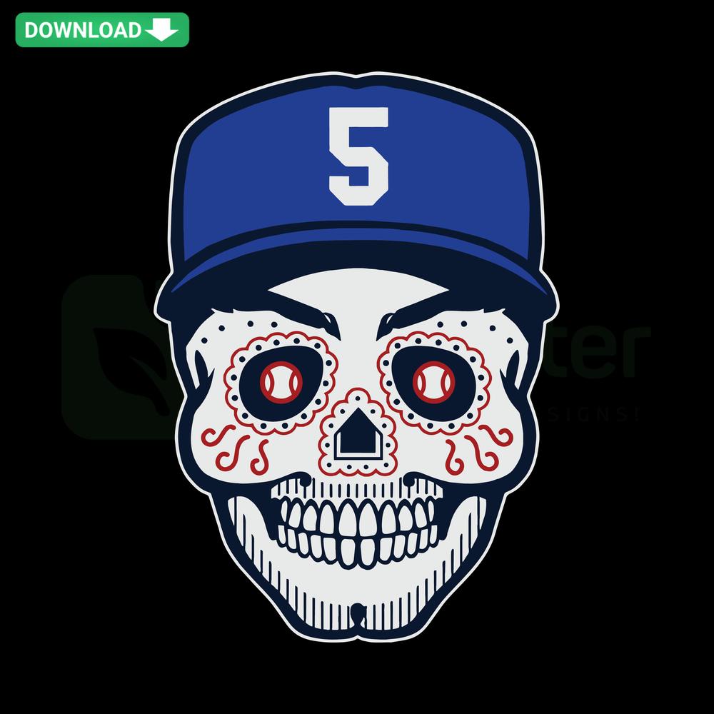 Freddie Freeman Sugar Skull SVG, Los Angeles Dodgers MLB, high-resolution file, intricate sugar skull design, baseball-themed.