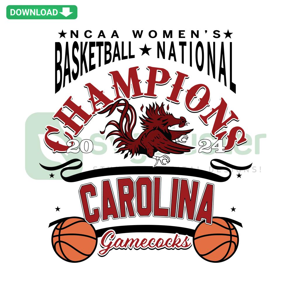 South Carolina Gamecocks 2024 Champions Basketball SVG, high-res SVG with team logo, text, and basketball graphics.