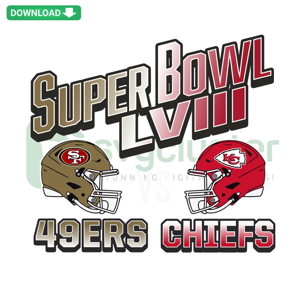 49ers vs Chiefs 2023 Super Bowl helmets SVG, Editable SVG Files, vibrant design, football matchup graphic, digital download.
