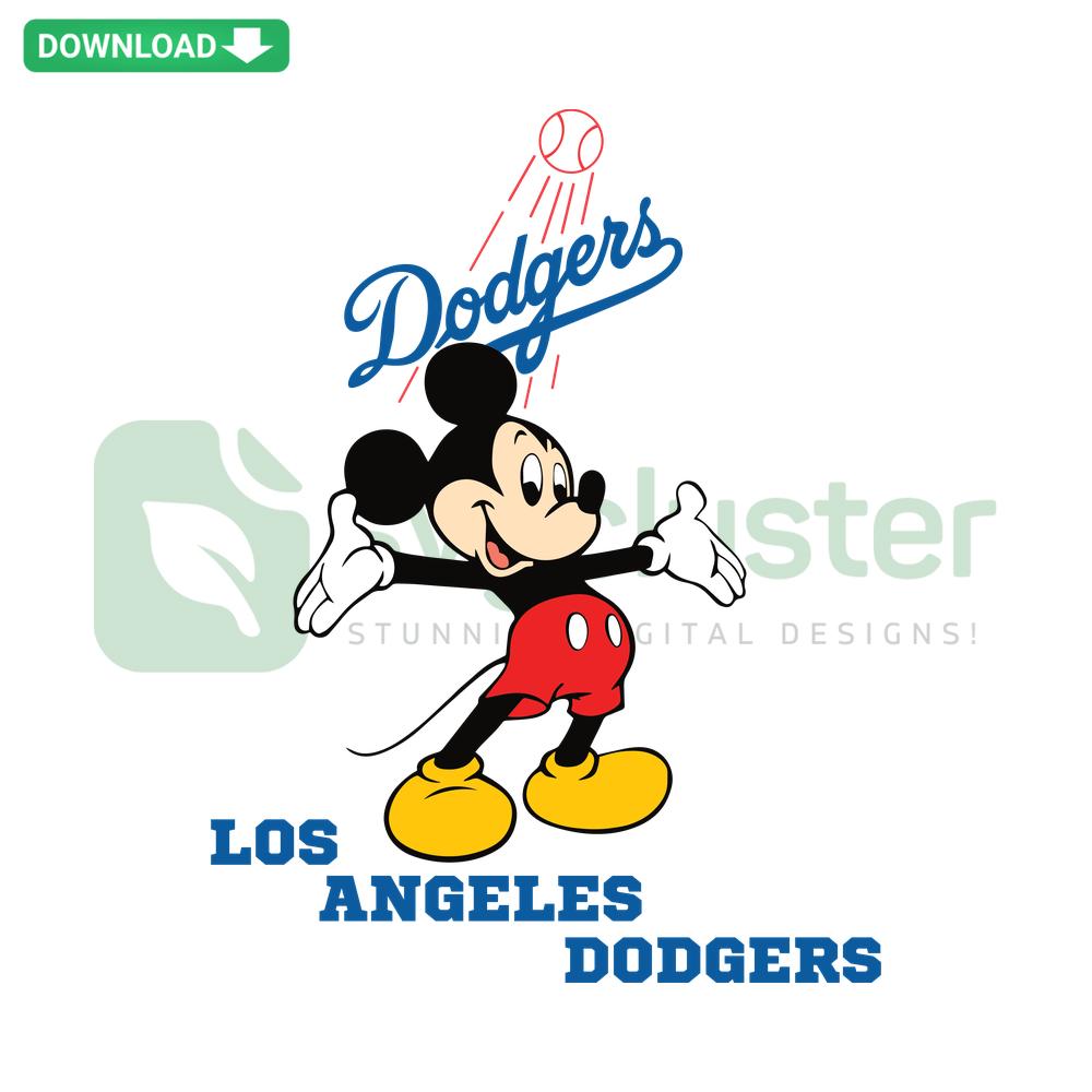 Los Angeles Dodgers Mickey Mouse Baseball SVG; Cricut Ready Files featuring Mickey in Dodgers uniform swinging a bat.