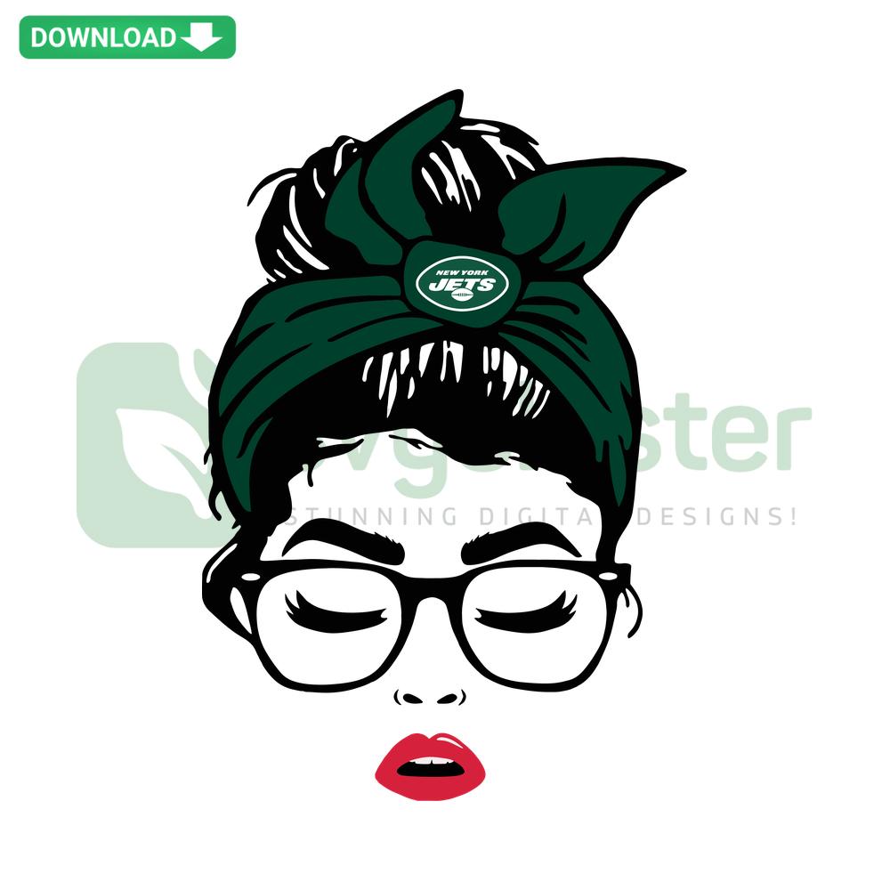 New York Jets Football Messy Bun Girl SVG Design: Stylish woman with messy bun, sunglasses, team logo; printable craft file.