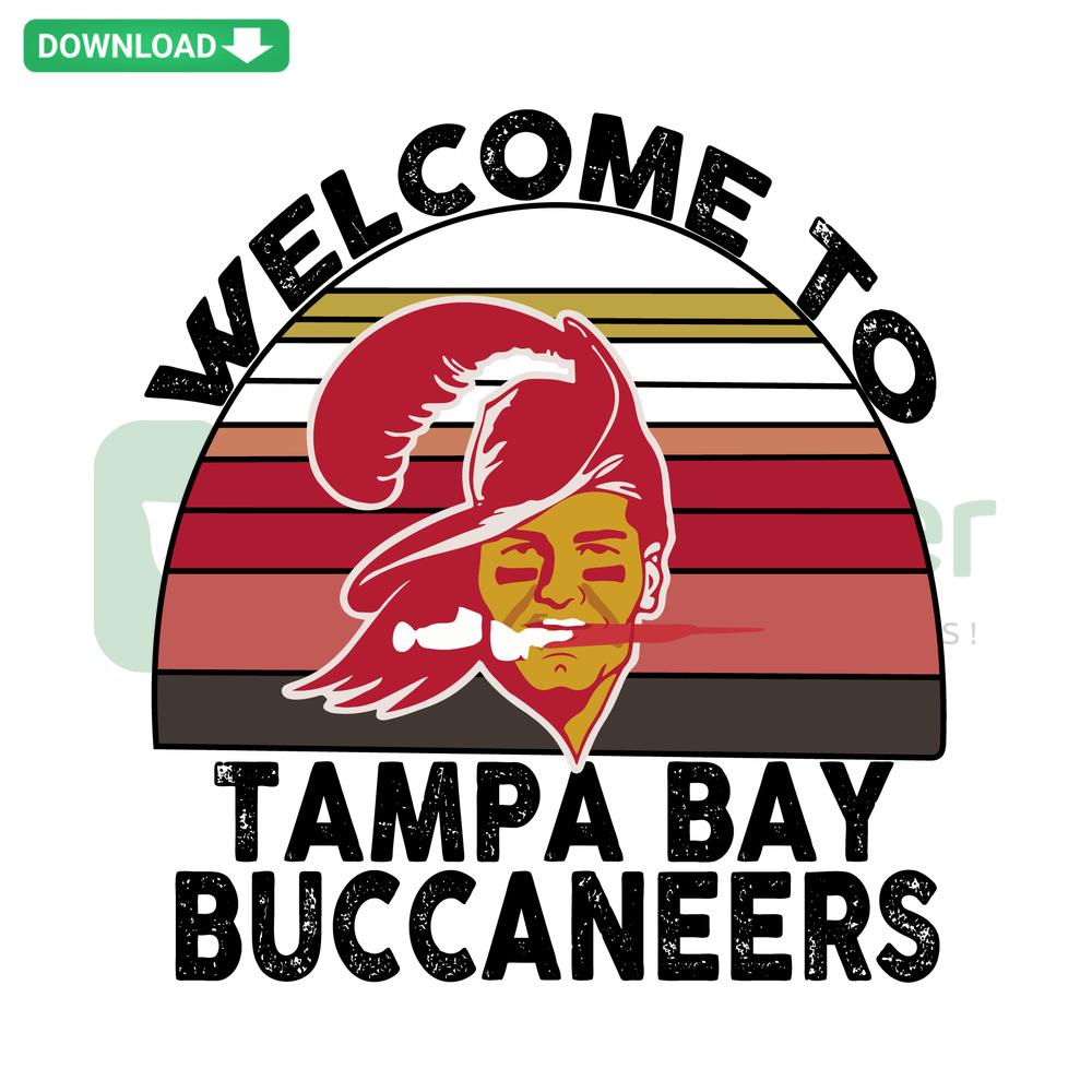 Tom Brady Buccaneers SVG: Welcome text in team colors, featuring Tampa Bay Buccaneers logo for Cricut Graphic Design Projects.