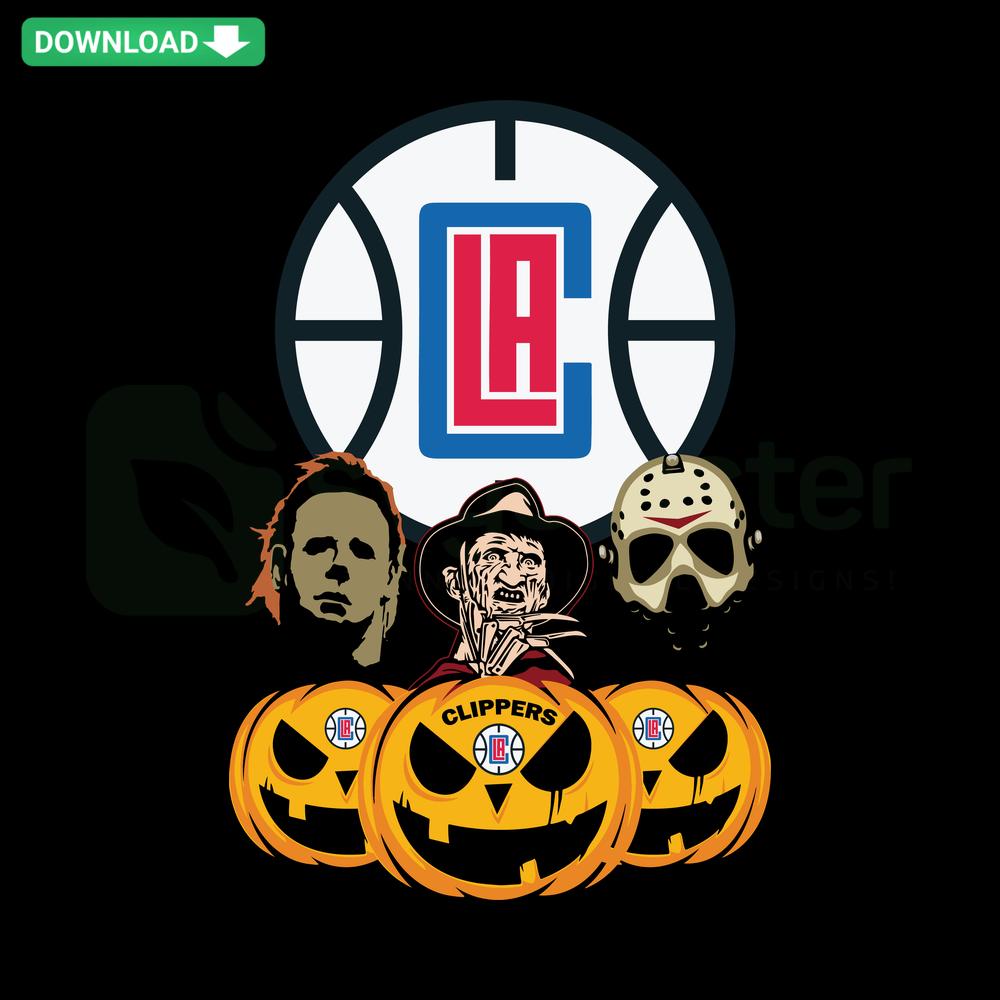 Halloween Horror Movie Pumpkin LA Clippers SVG, Instant Download Graphics featuring spooky pumpkin design with LA Clippers logo elements.