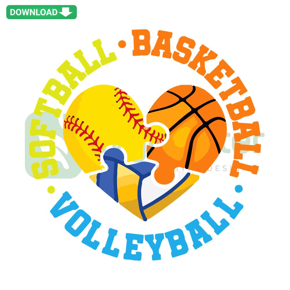 Custom sports shirt featuring softball basketball volleyball heart SVG design