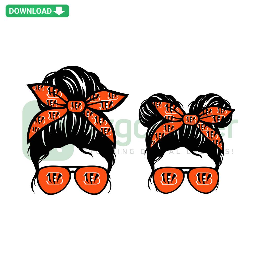 Cincinnati Bengal Football Mom and Kid Messy Bun SVG Design, Premium SVG Files for Designers, Football Fan Art.
