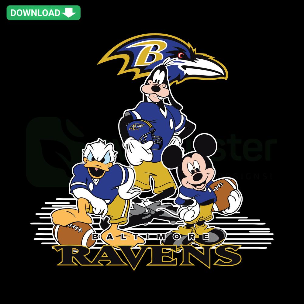 Mickey Mouse in Baltimore Ravens gear, SVG for American Football crafts, printable design. Keywords: Mickey Mouse SVG, Ravens SVG.