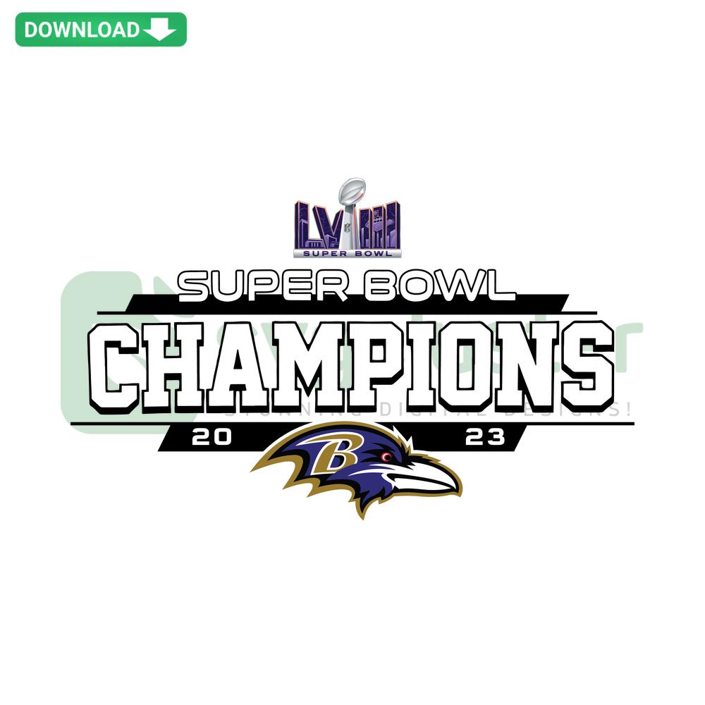 Baltimore Ravens Super Bowl Champions 2023 SVG - Unique SVG Designs, football trophy, bold text, purple and black theme.