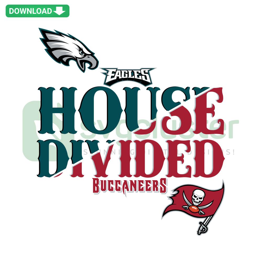 House Divided Buccaneers Eagles SVG, high-res digital download, team logos, split design, Tampa Bay NFL, Philadelphia Eagles.