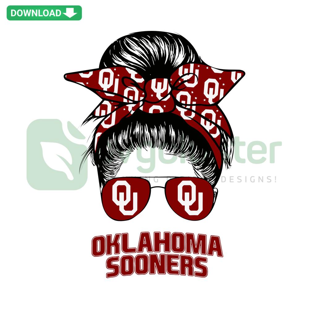 Oklahoma Sooners Mom SVG, messy bun design, vintage sunglasses, SVG clip art, sports-themed, digital file for crafting