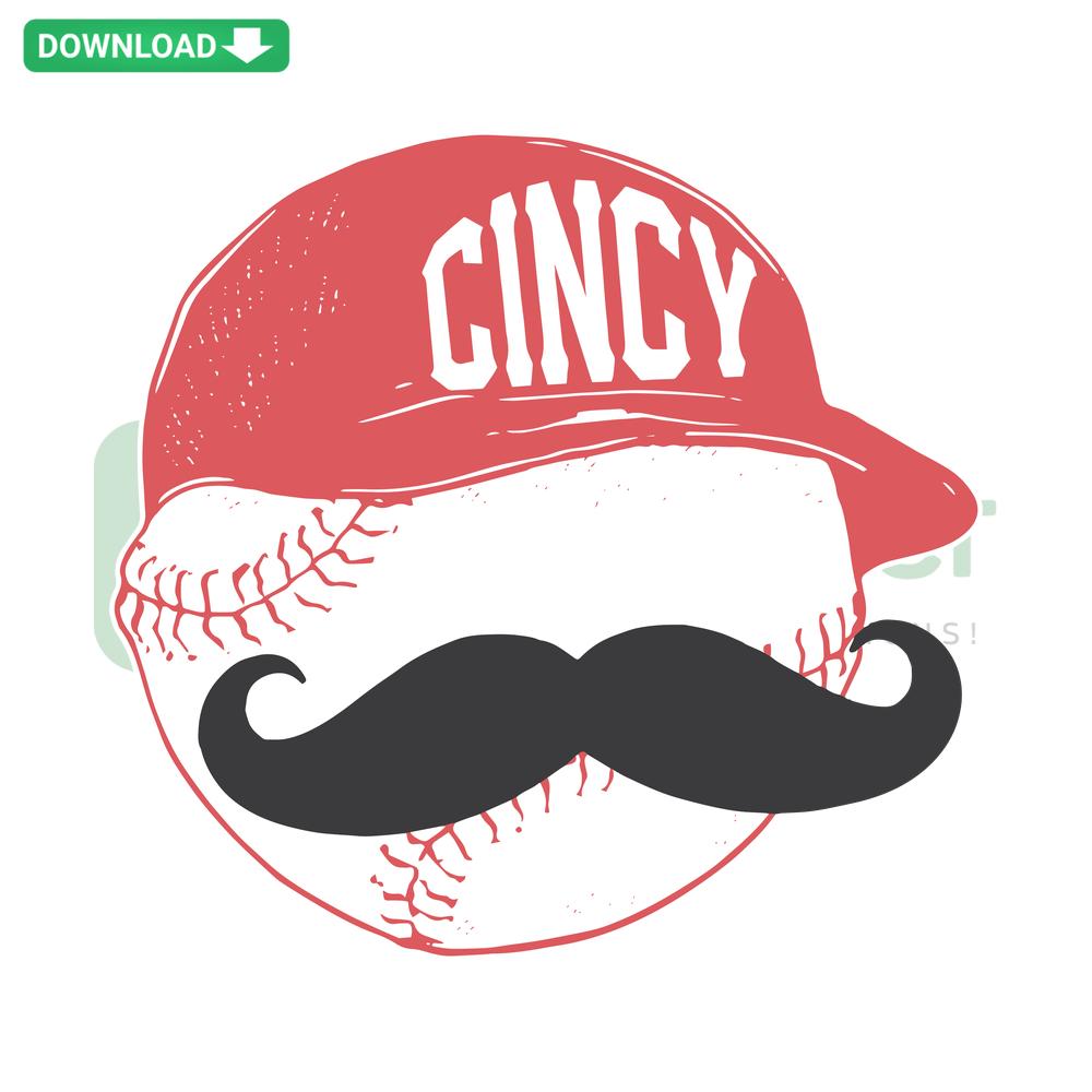 Cincy Helmet Mustache SVG: Cincinnati Opening Day, High-Quality SVG, Baseball-themed Graphic, Red Helmet, Mustache Design.