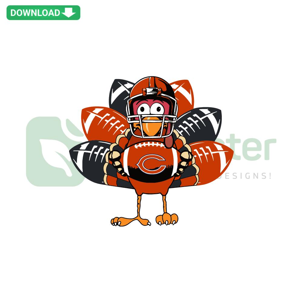 Chicago Bears Turkey SVG, whimsical turkey in team colors with logo, perfect for Thanksgiving crafts. Unique sports SVG design.