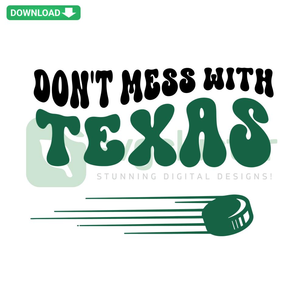 Bold Don't Mess With Texas Hockey SVG, featuring Texas map outline and hockey sticks, perfect for digital crafts, SVGCluster Download.